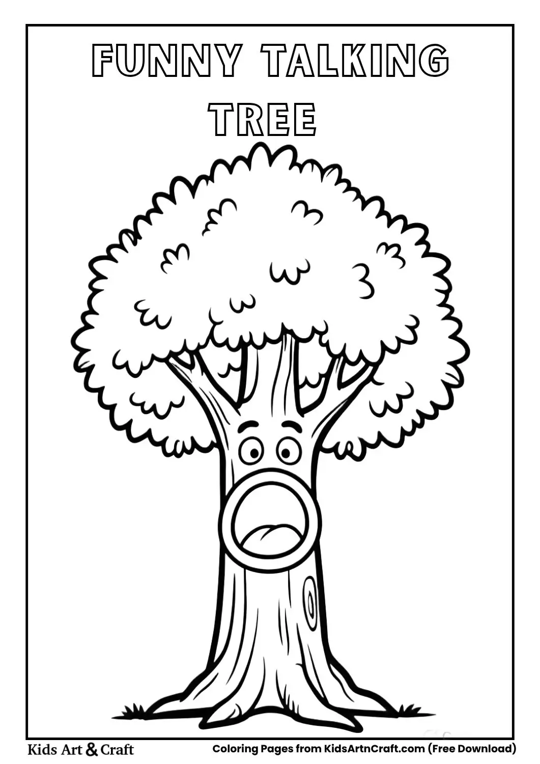 Funny cartoon tree with open mouth talking coloring page for kids