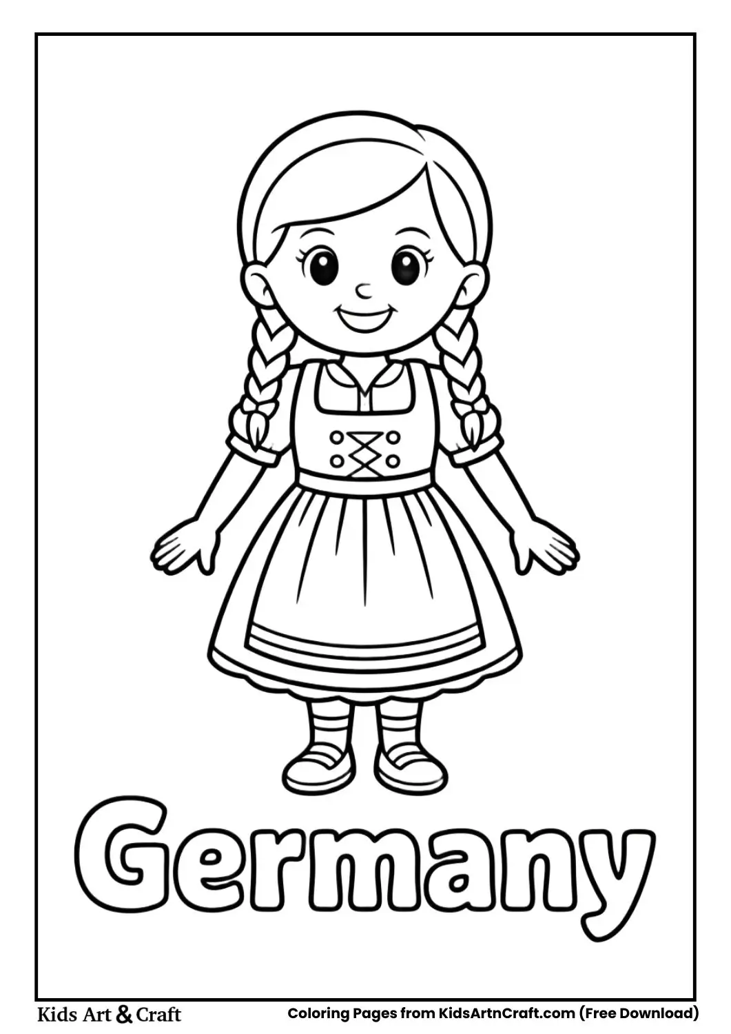 Girl wearing German dirndl traditional costume coloring page with country name Germany