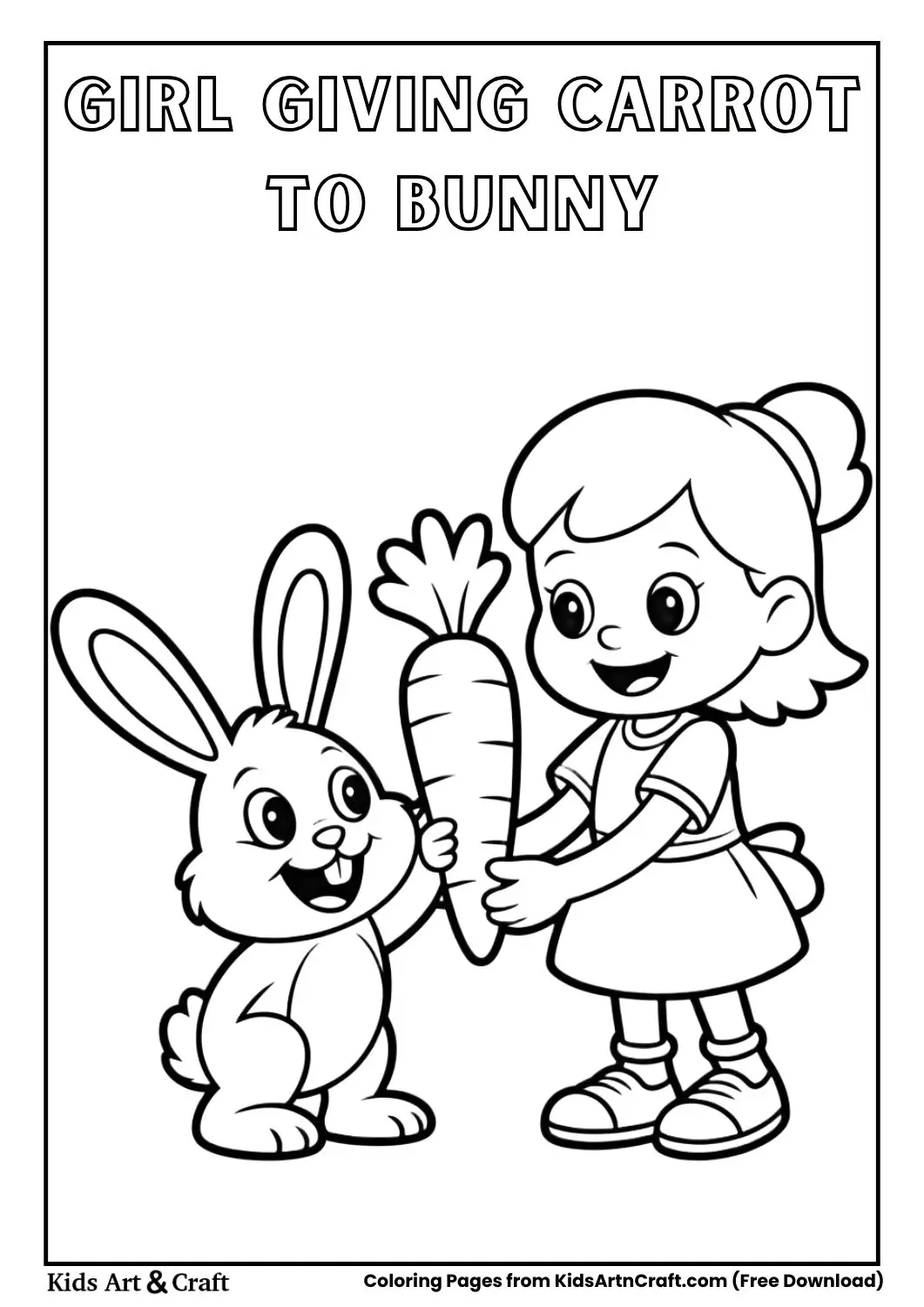 Girl giving a carrot to bunny cartoon coloring page for kids
