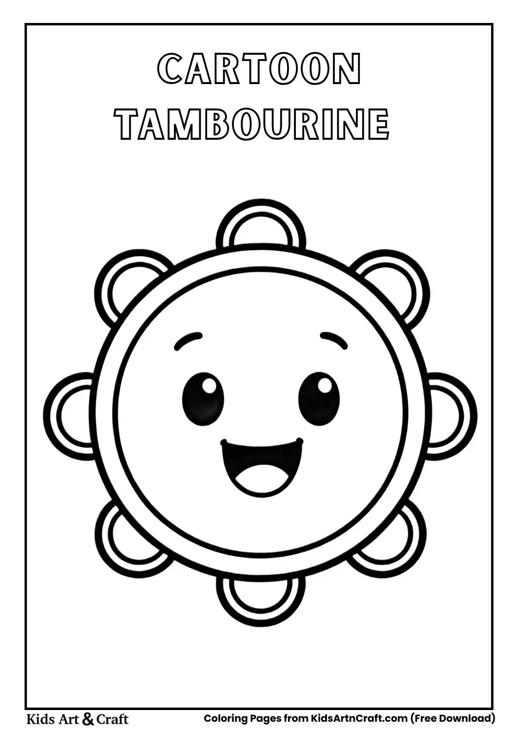 smiling tambourine instrument with jingles black and white coloring page