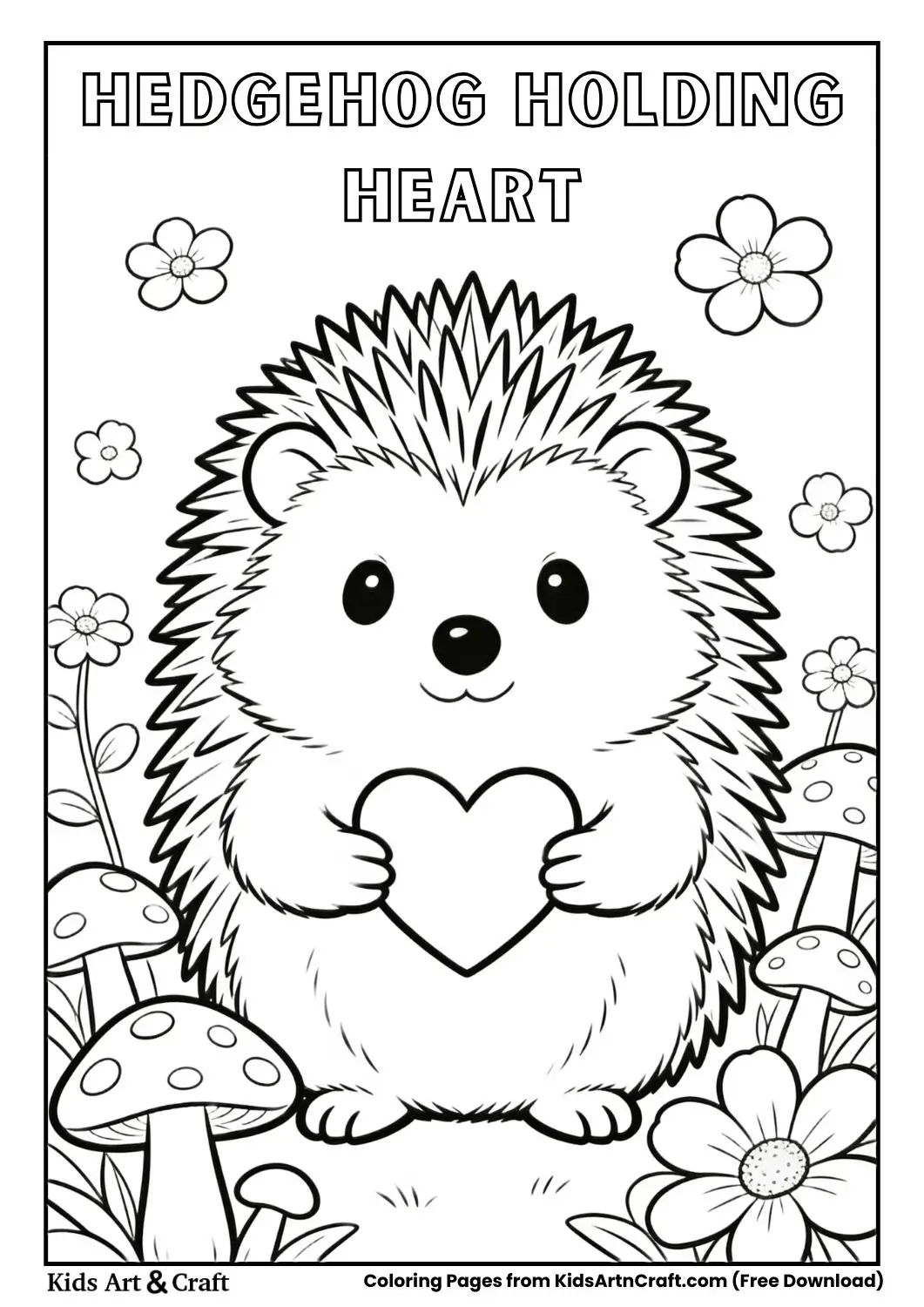 Black and white coloring page of a hedgehog holding a heart in a garden