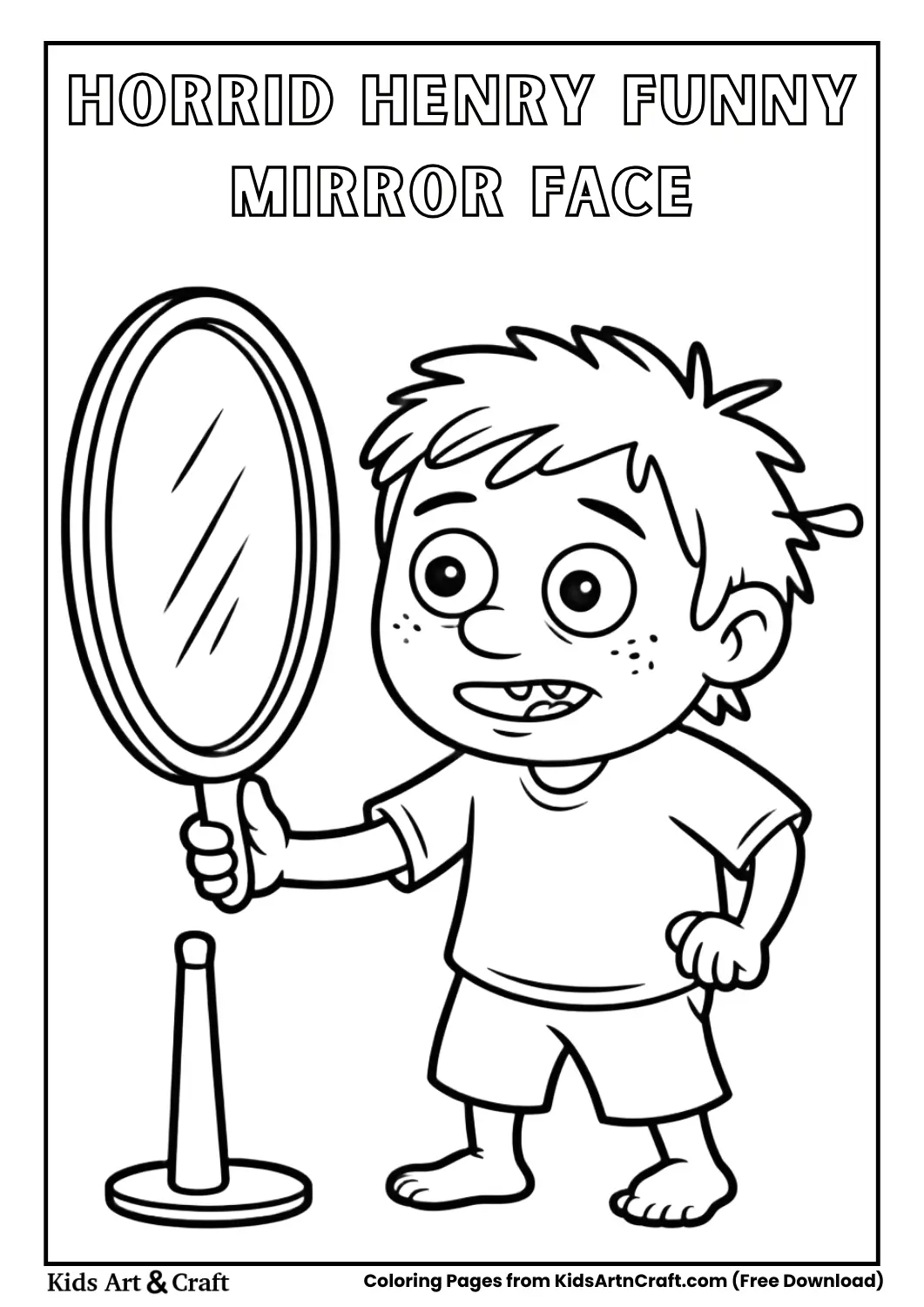 Horrid Henry making funny face in mirror cartoon coloring page