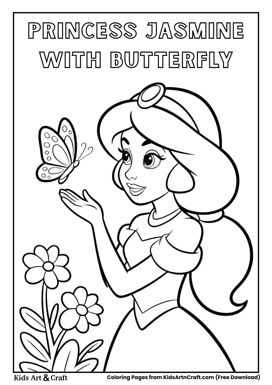 Princess Jasmine looking at a butterfly black and white coloring page