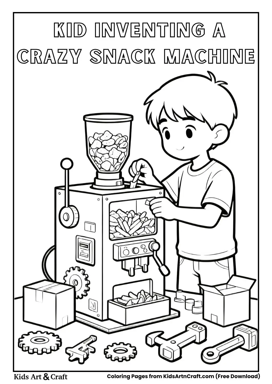 Child building a crazy snack machine coloring page for kids