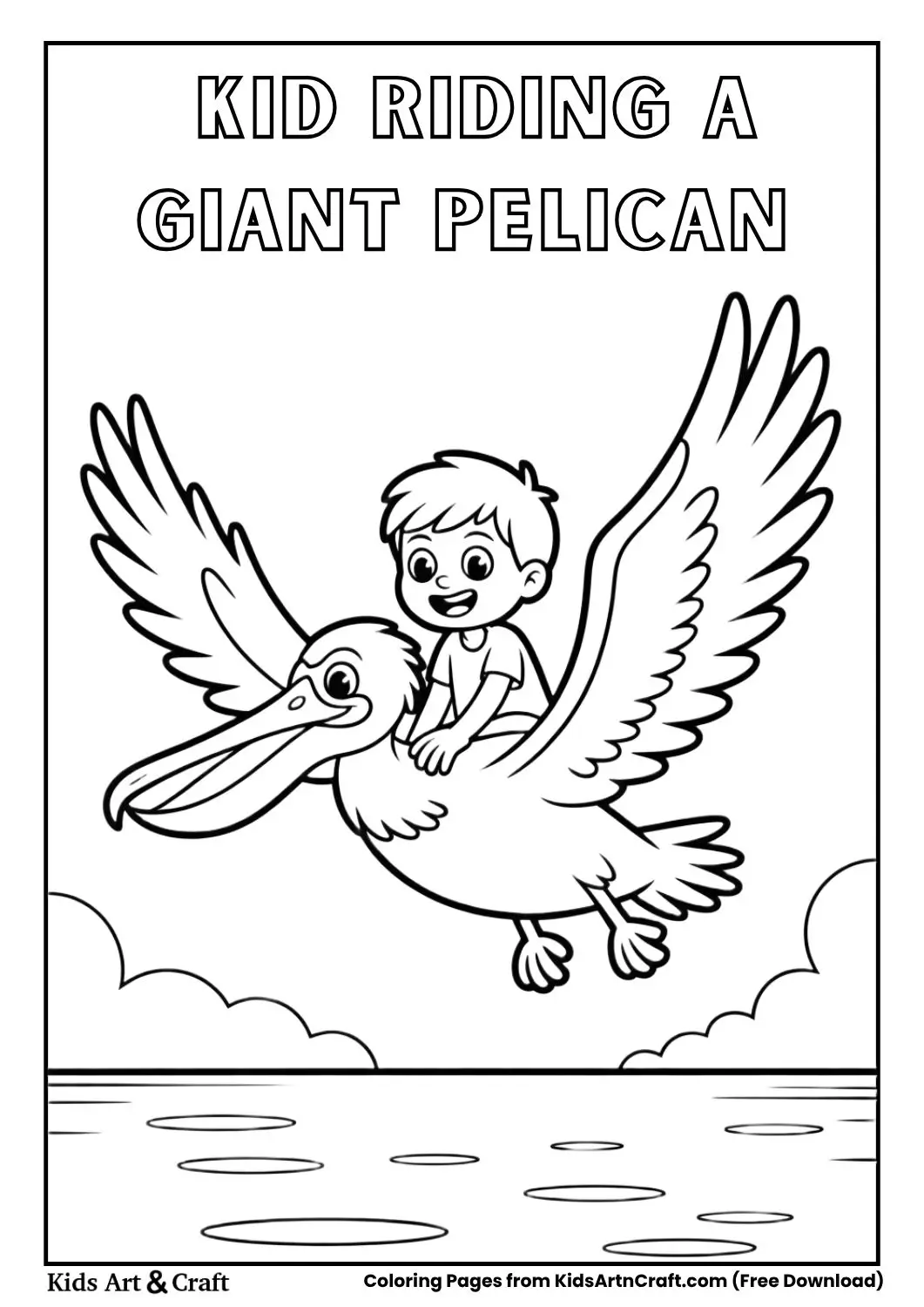 kid riding a giant pelican coloring page black and white line art