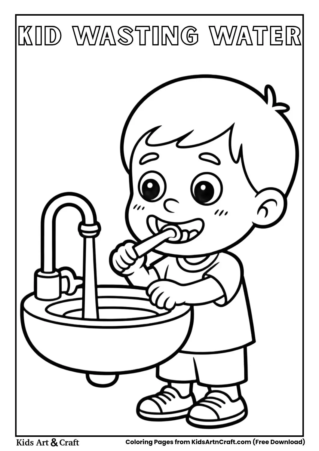 Child leaving tap running while brushing teeth coloring page