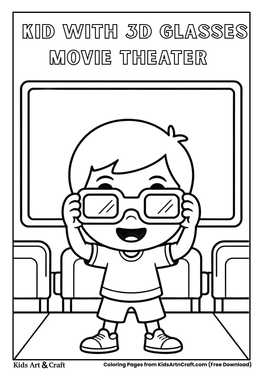 child holding 3d movie glasses in cinema coloring page