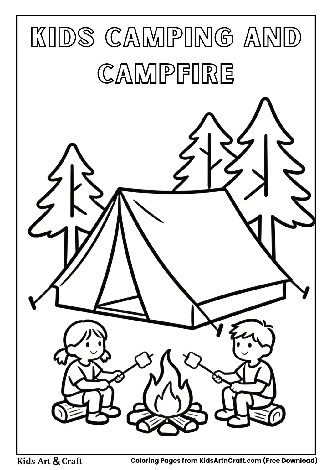 Black and white coloring page of kids camping with a tent and campfire