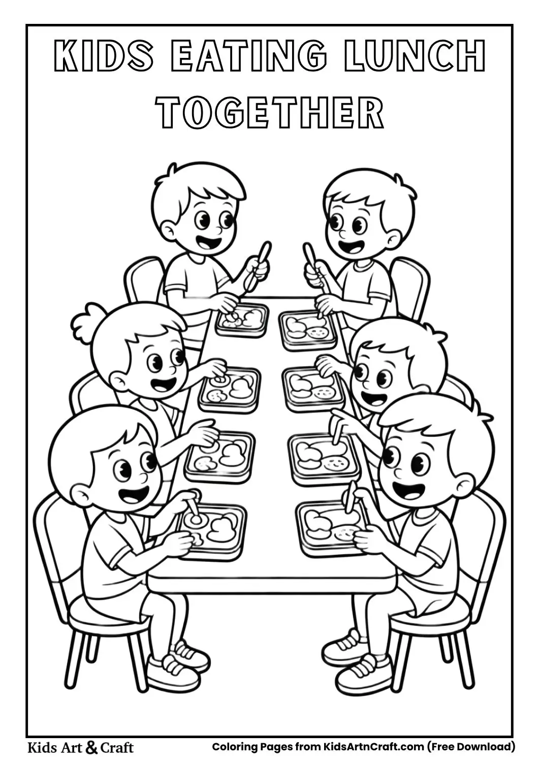 kids eating lunch together in school cafeteria coloring page