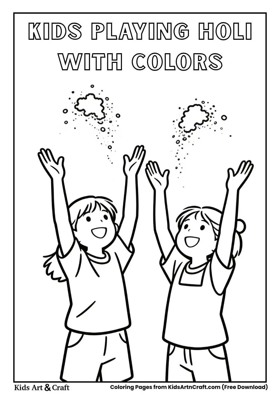 Children throwing Holi color powder black and white coloring sheet