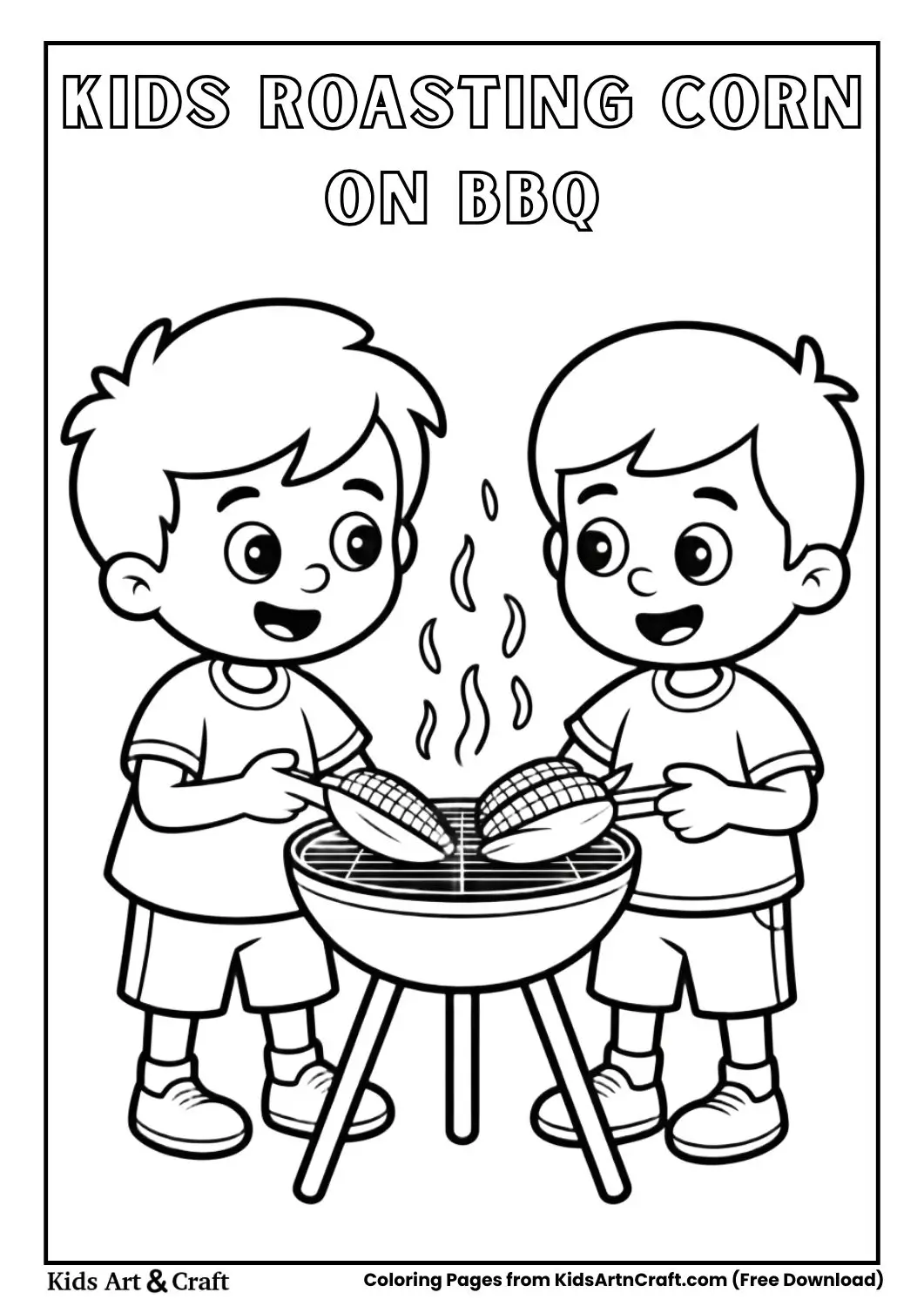 children roasting corn on barbecue grill simple coloring page