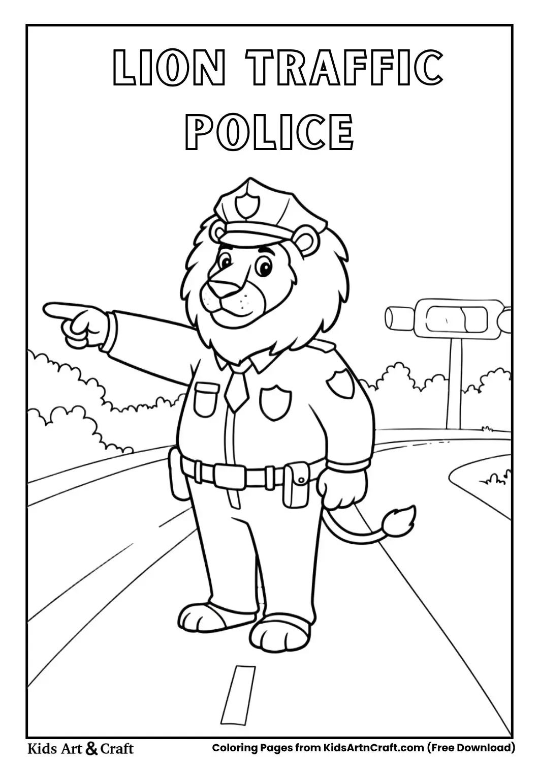 Lion police officer directing traffic coloring page