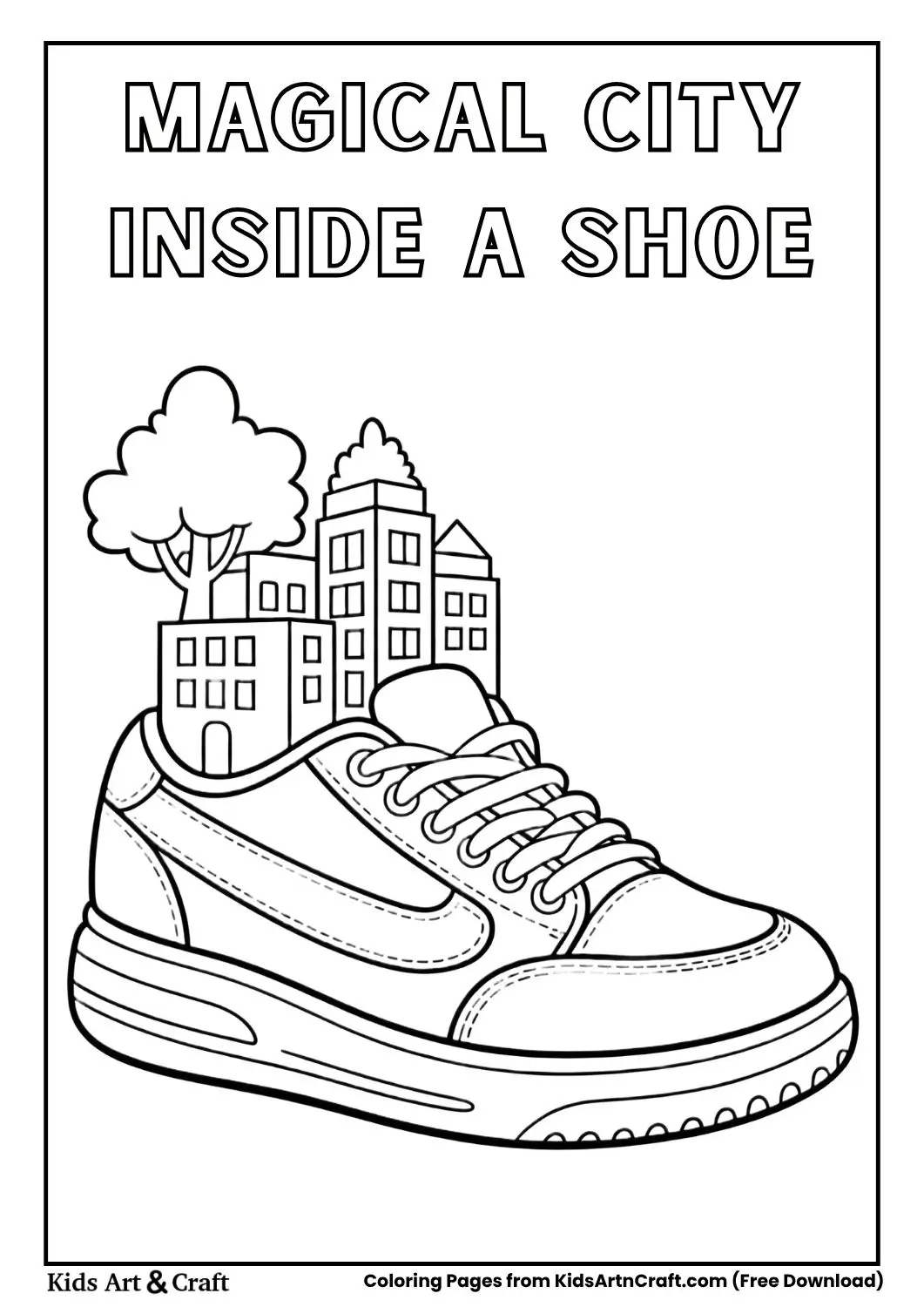 Magical city inside a shoe black and white coloring page with simple castles