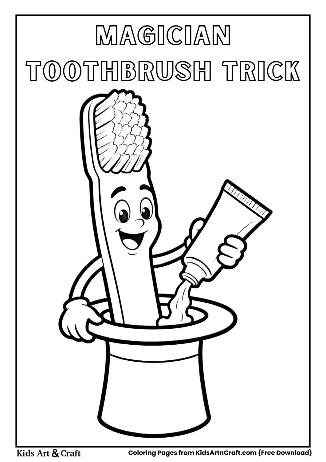 Cartoon toothbrush magician pulling toothpaste from hat coloring page