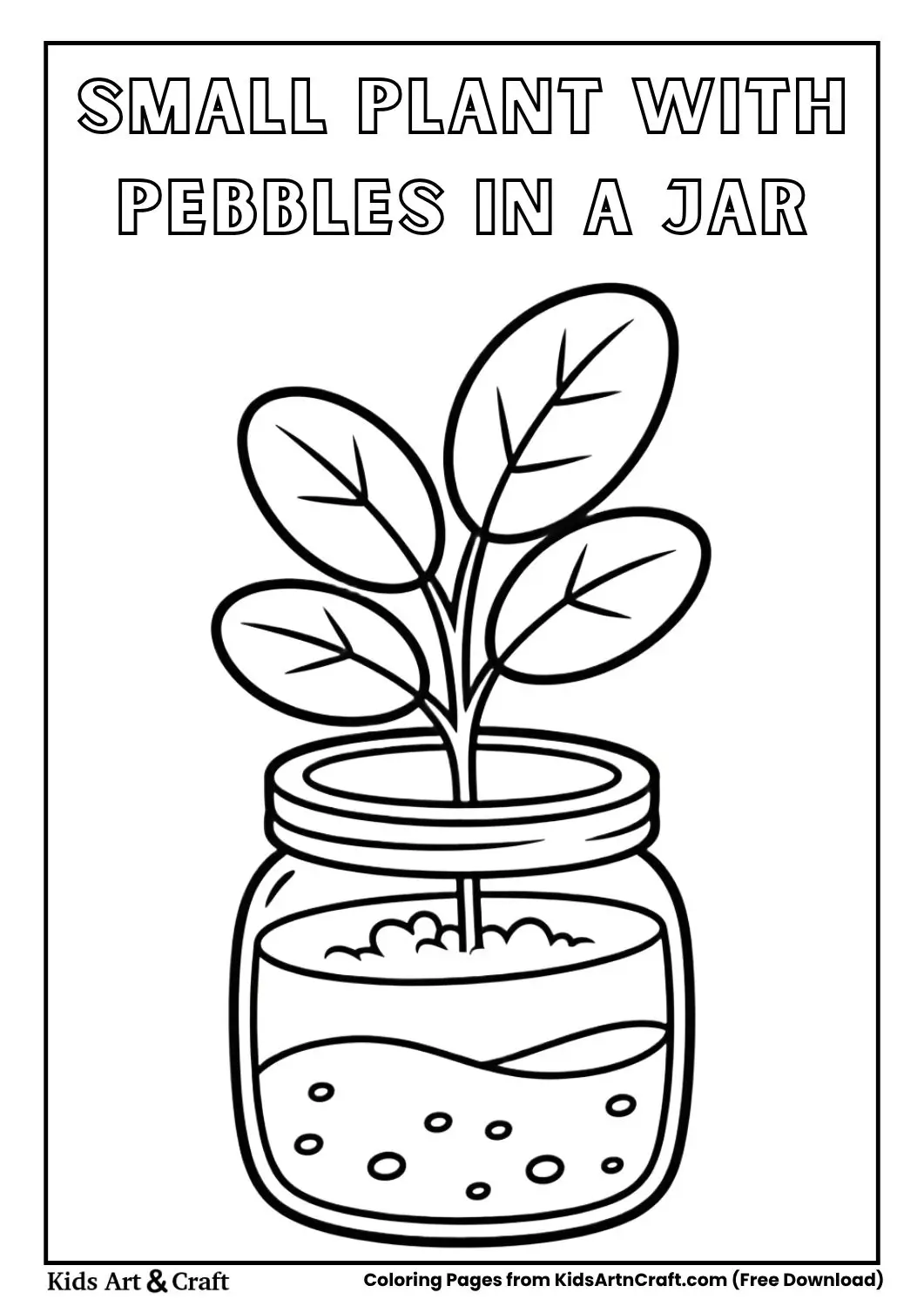 small plant inside a jar with stones and pebbles black and white coloring page for kids