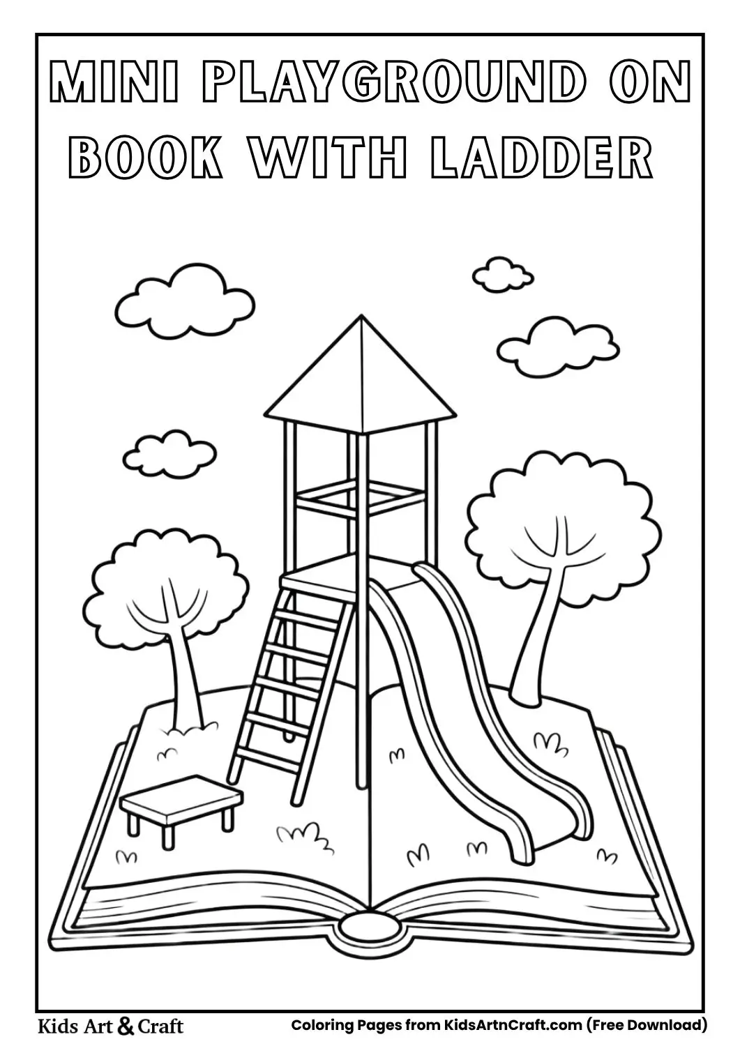 mini playground on open book with ladder slide and bench coloring page for kids