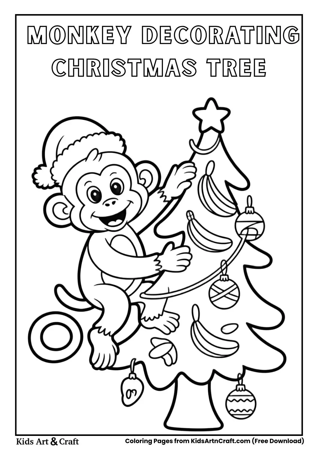 Playful monkey climbing Christmas tree while decorating ornaments coloring page