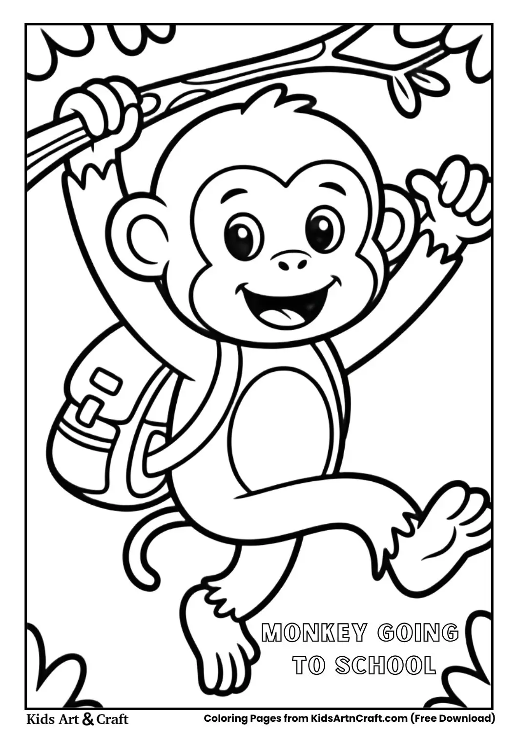 Cute monkey swinging with backpack on the way to school coloring page