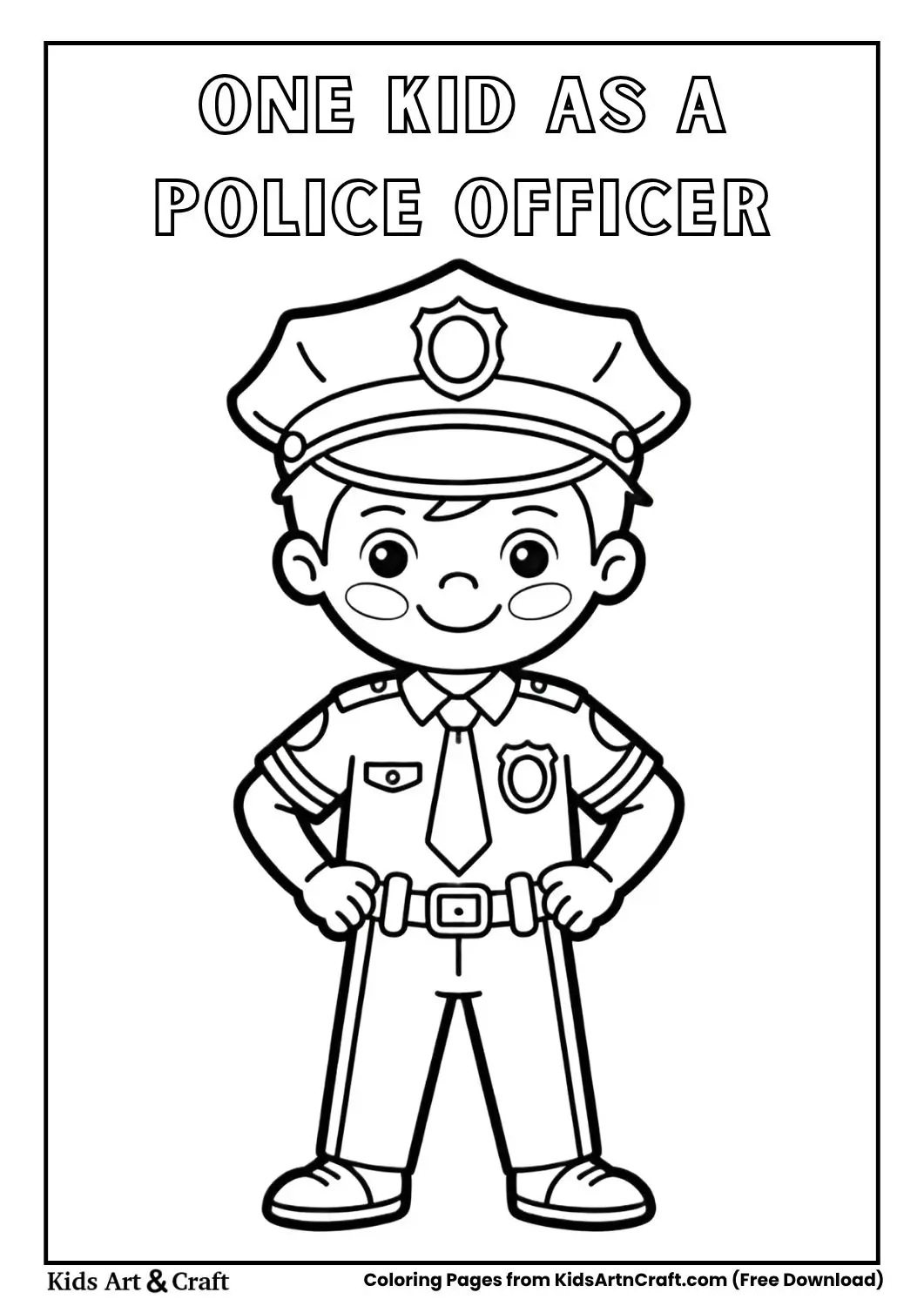 black and white coloring page of a child dressed as a police officer wearing a cap and badge