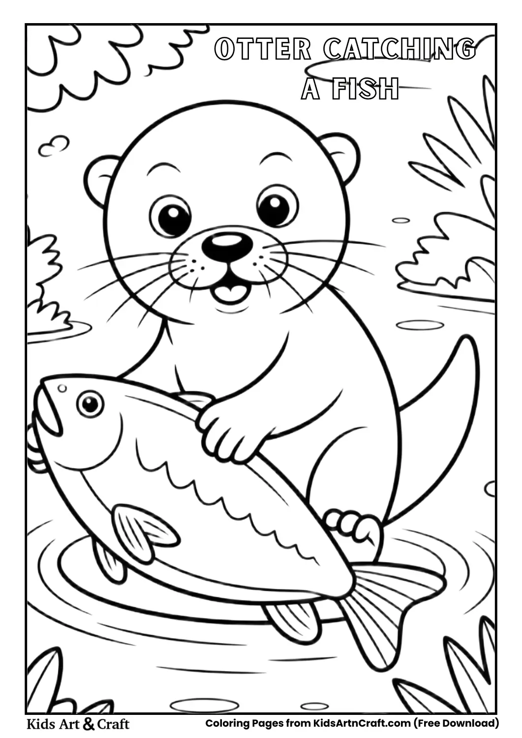 Otter catching fish in river simple line art coloring page.