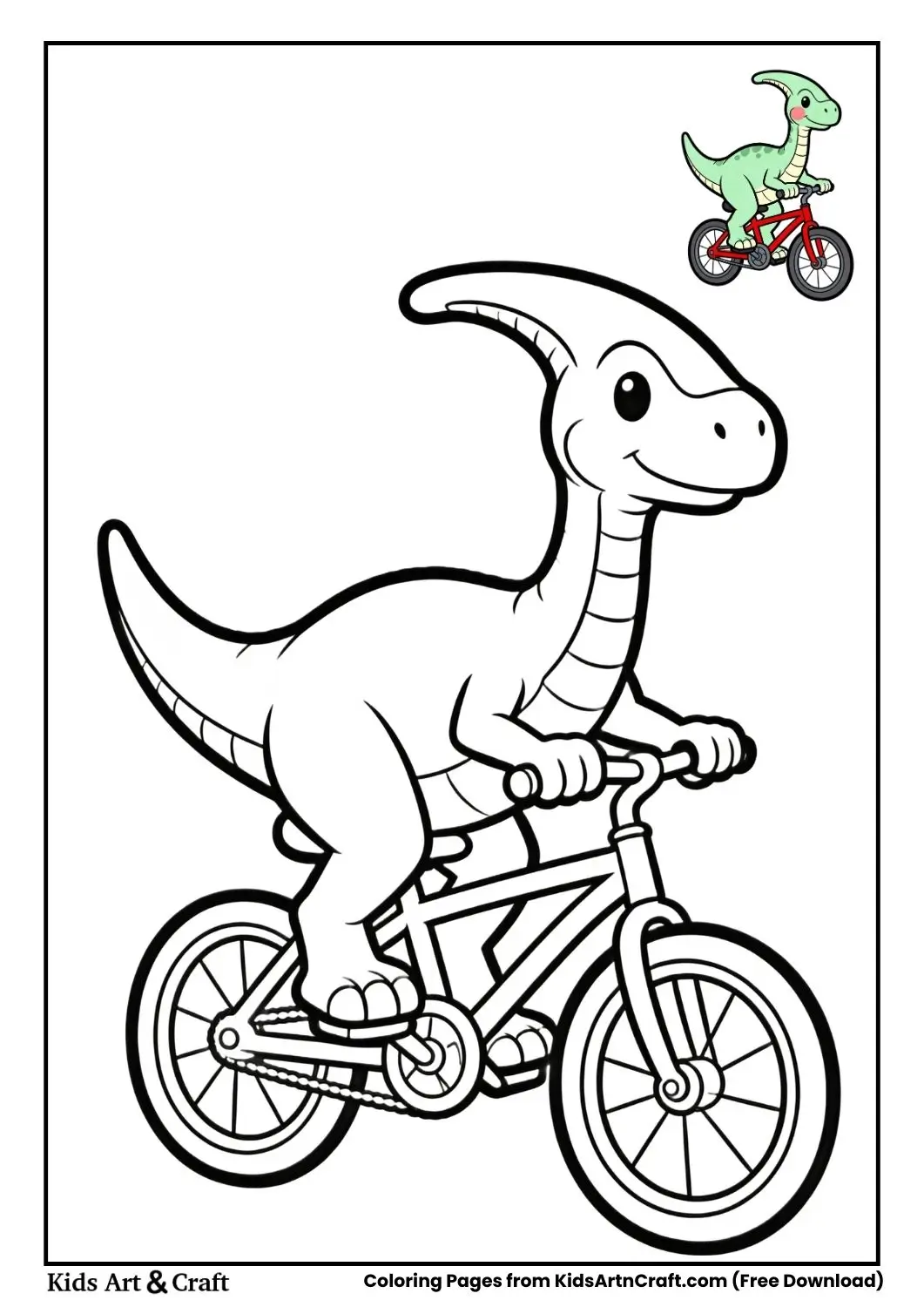 Black and white Parasaurolophus riding a bicycle on a simple path