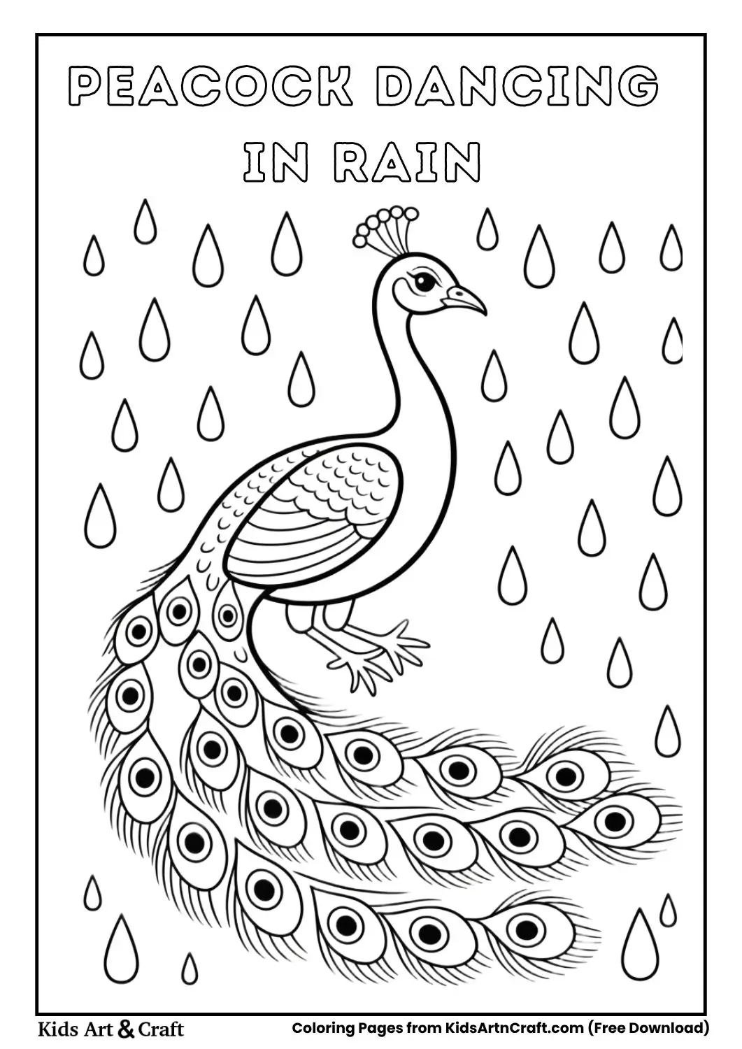Peacock dancing in rain with open feathers coloring page
