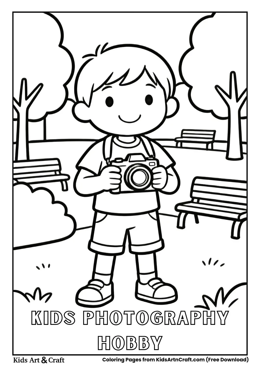 Black and white coloring page of a child holding a camera in a park