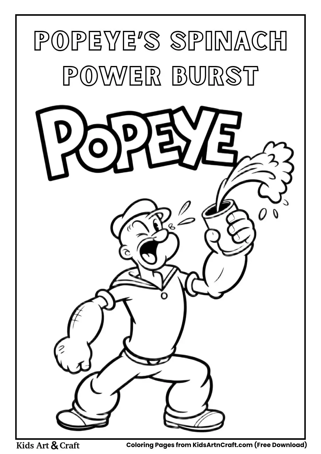Popeye tossing spinach dramatically with bold lettering
