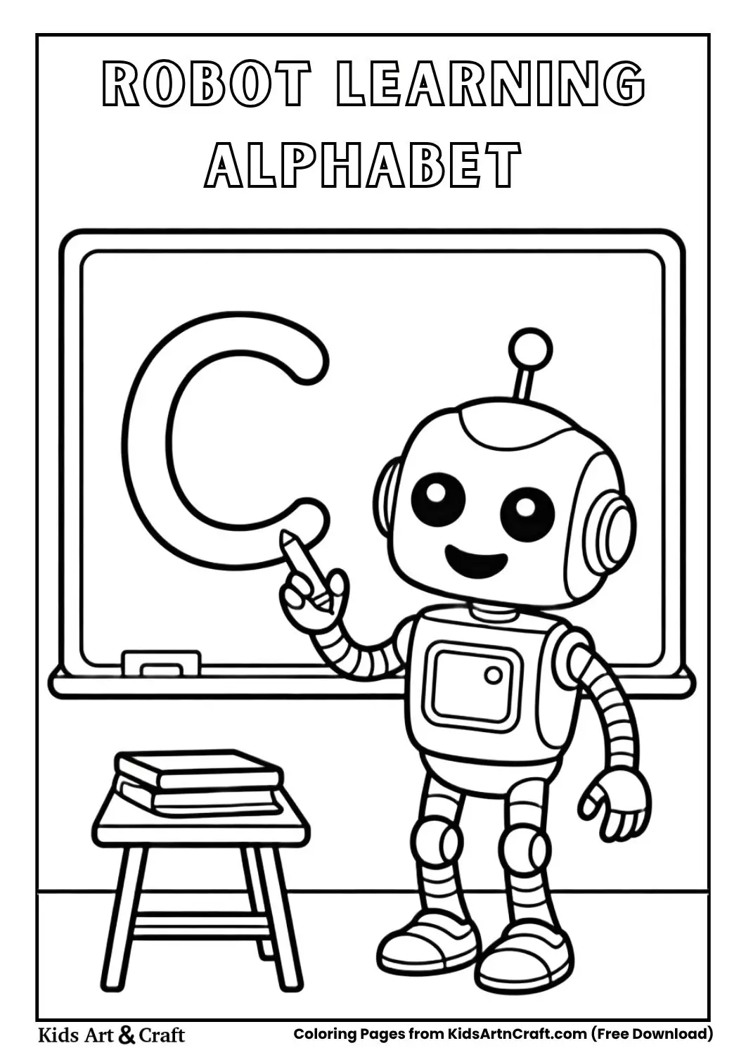 robot learning alphabet A B C on chalkboard black and white coloring page