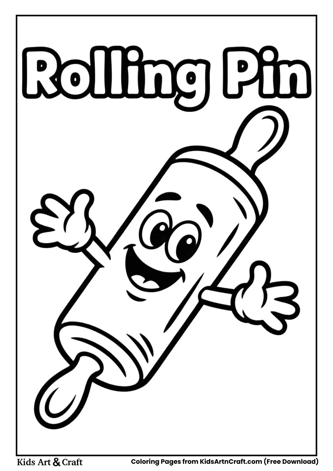 Cartoon rolling pin black and white coloring page with the words ROLLING PIN on top