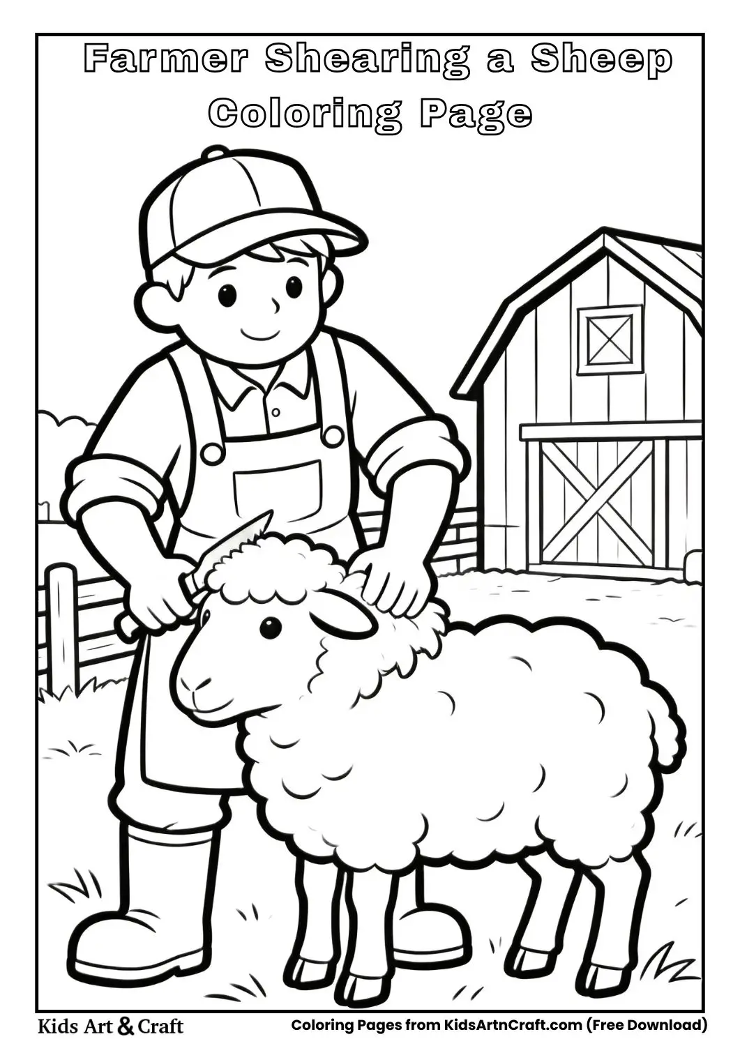 Black and white coloring page of a farmer shearing a fluffy sheep near a barn.