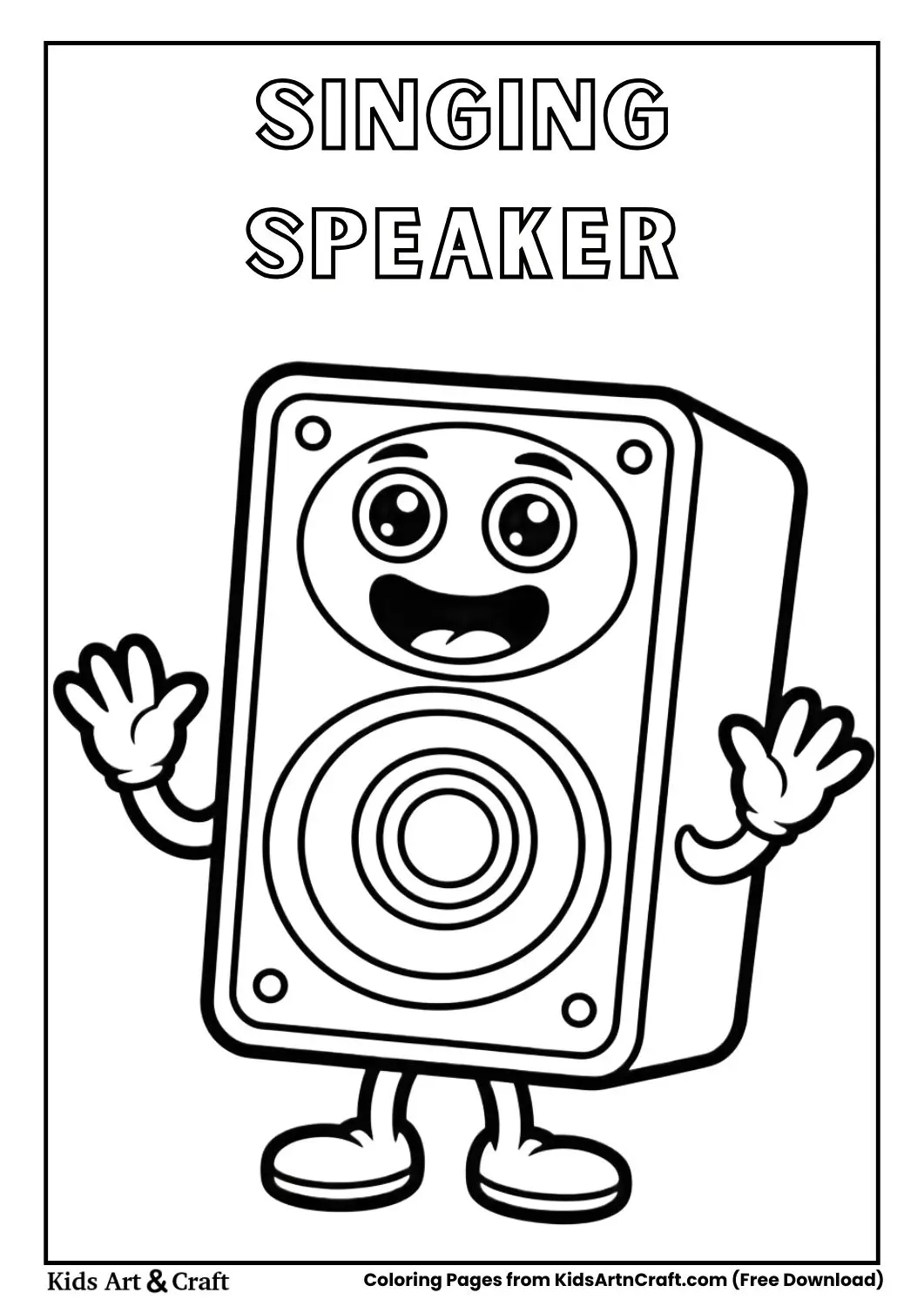 Cartoon computer speaker singing with music notes coloring page