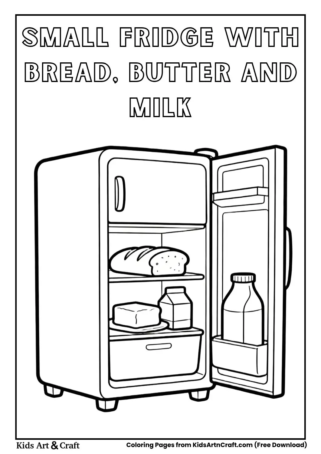 small refrigerator with bread butter and milk simple coloring page