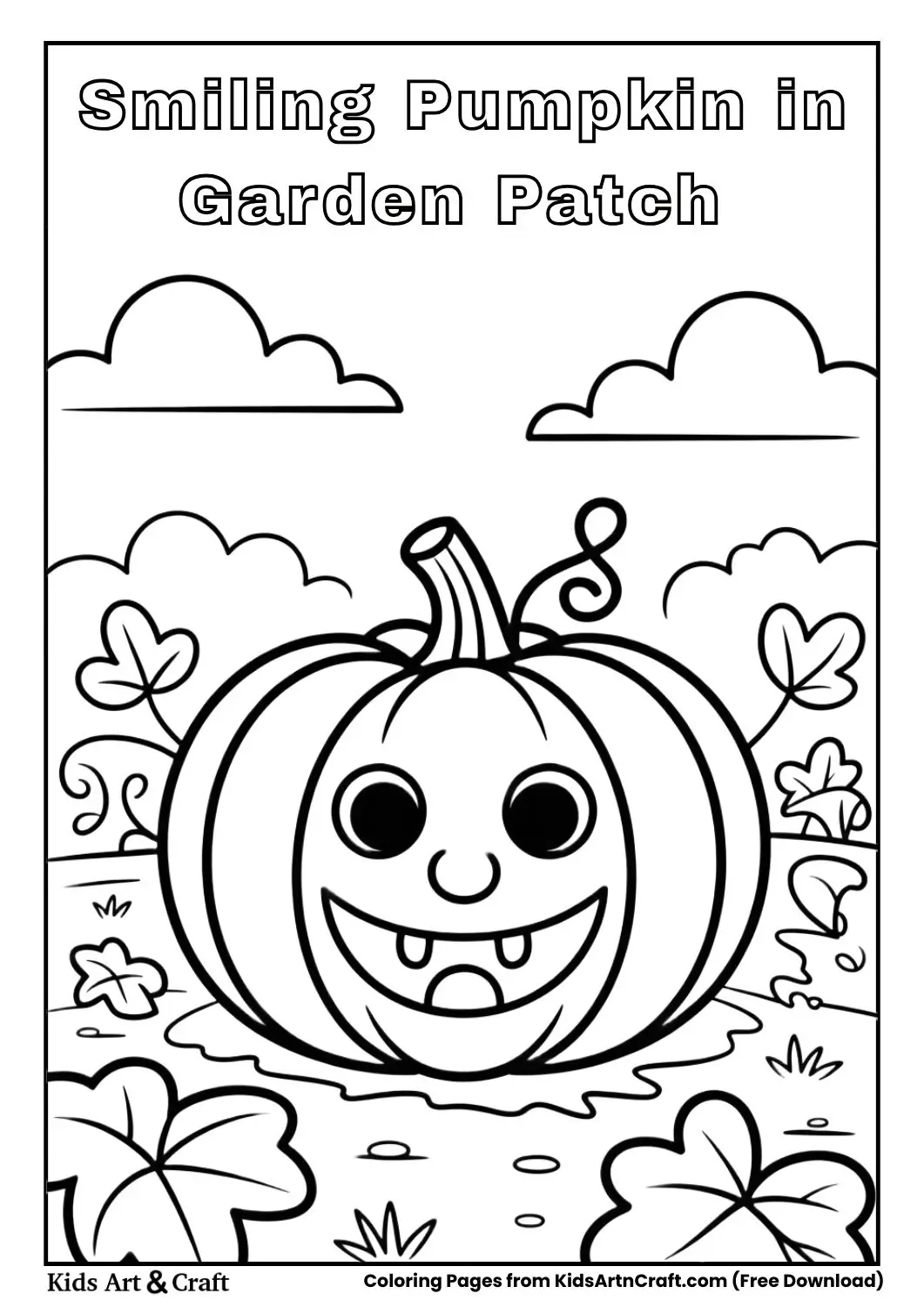 Black and white coloring page of a smiling pumpkin with vines and leaves