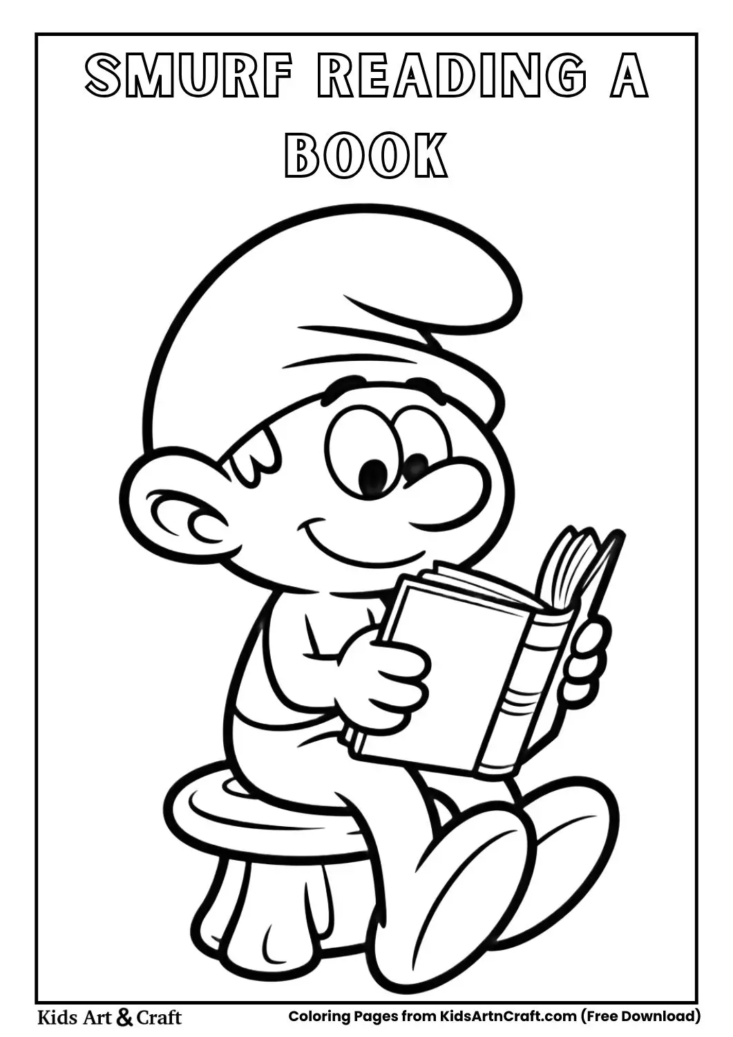 smurf reading big book black and white coloring page for kids