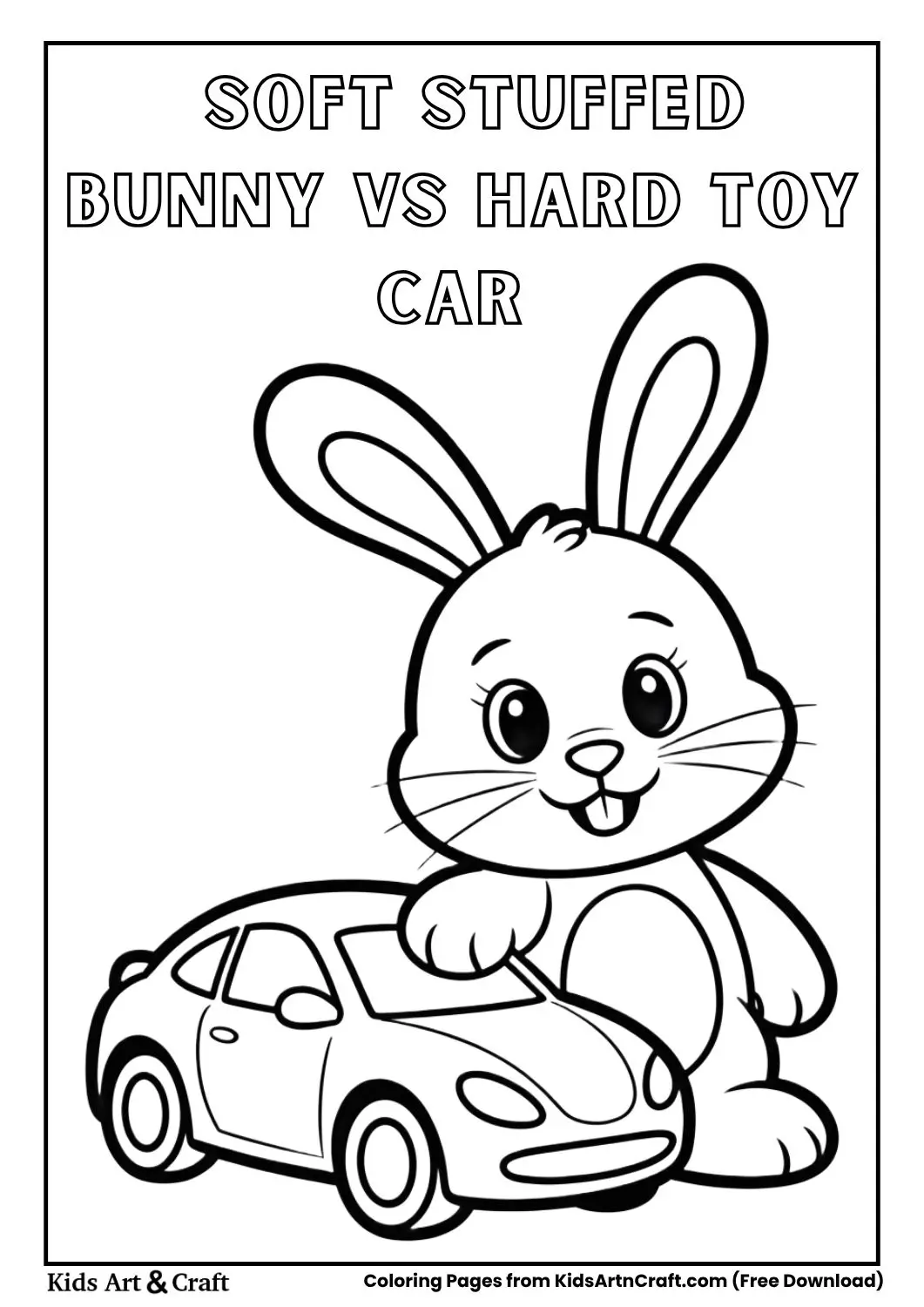 Soft stuffed bunny and hard toy car black and white coloring page