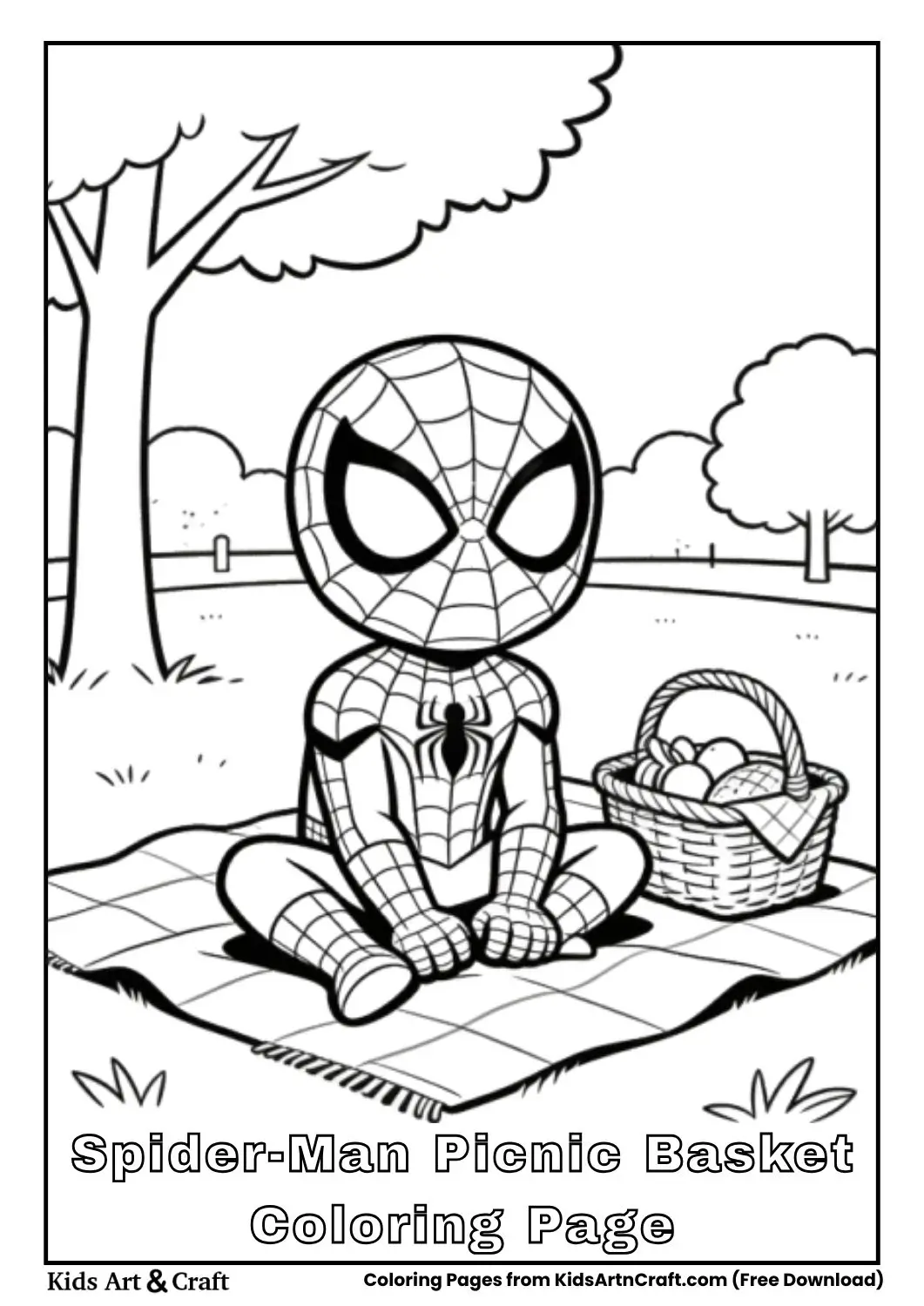 Spider-Man relaxing with a picnic basket in a park coloring page