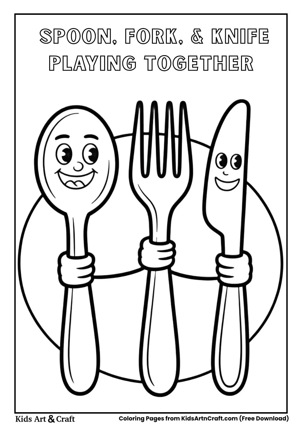 Spoon fork and knife playing together simple black and white kids coloring page