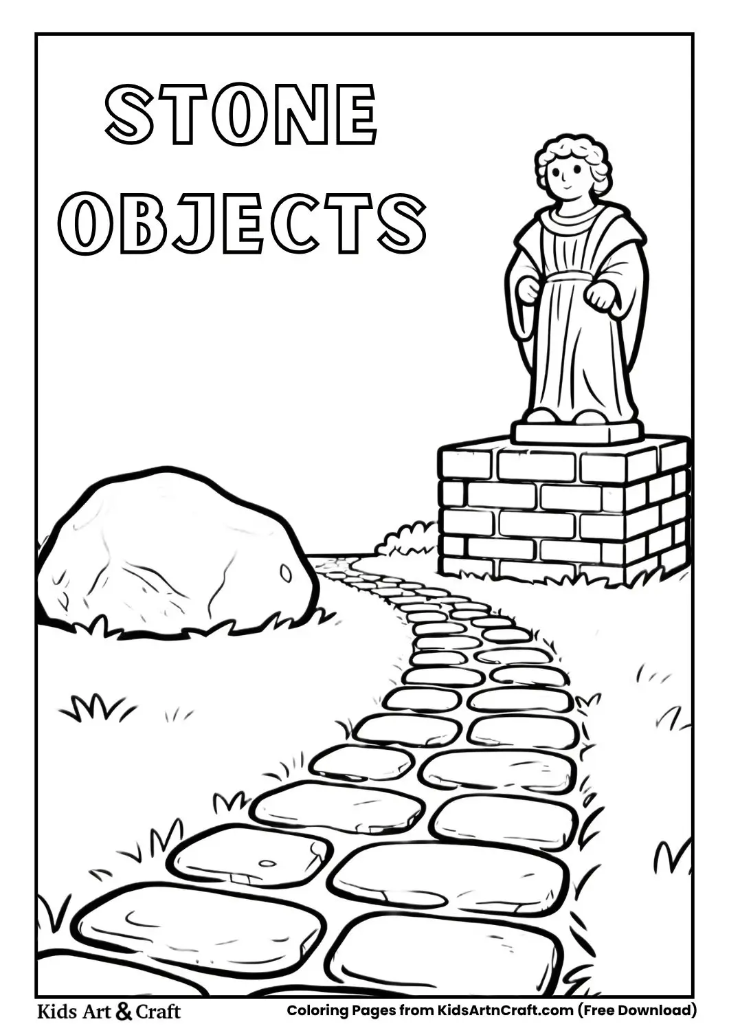 Kids coloring page showing a rock, brick, statue, and cobblestone path.