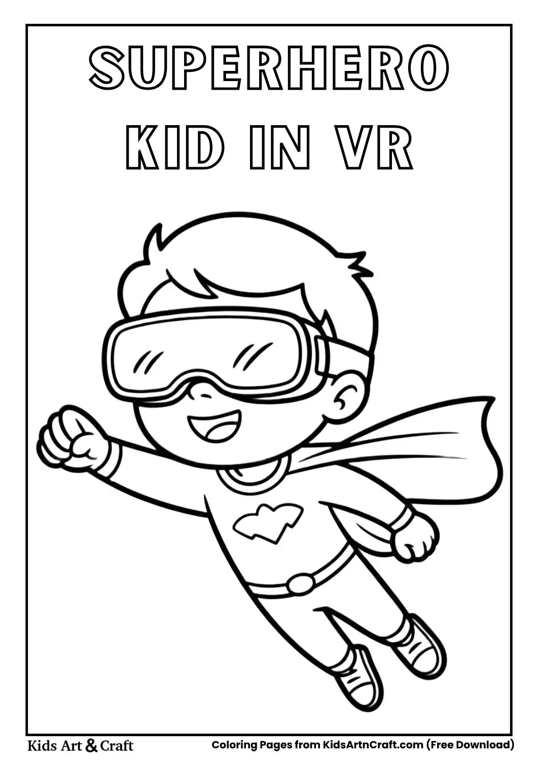kid wearing VR headset pretending to fly like superhero coloring page black and white