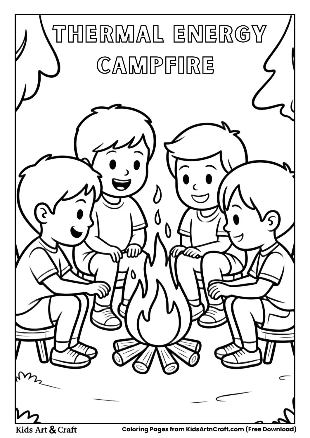 Small campfire with kids sitting around simple flames and logs coloring page