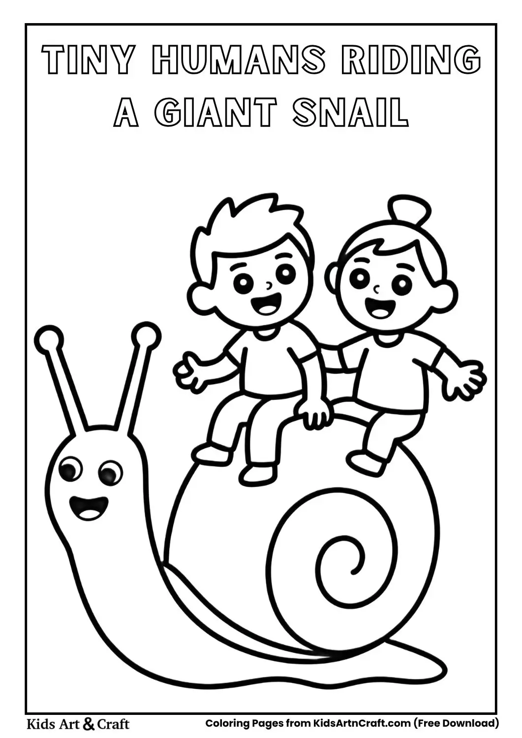 Tiny humans riding a giant snail coloring page for kids