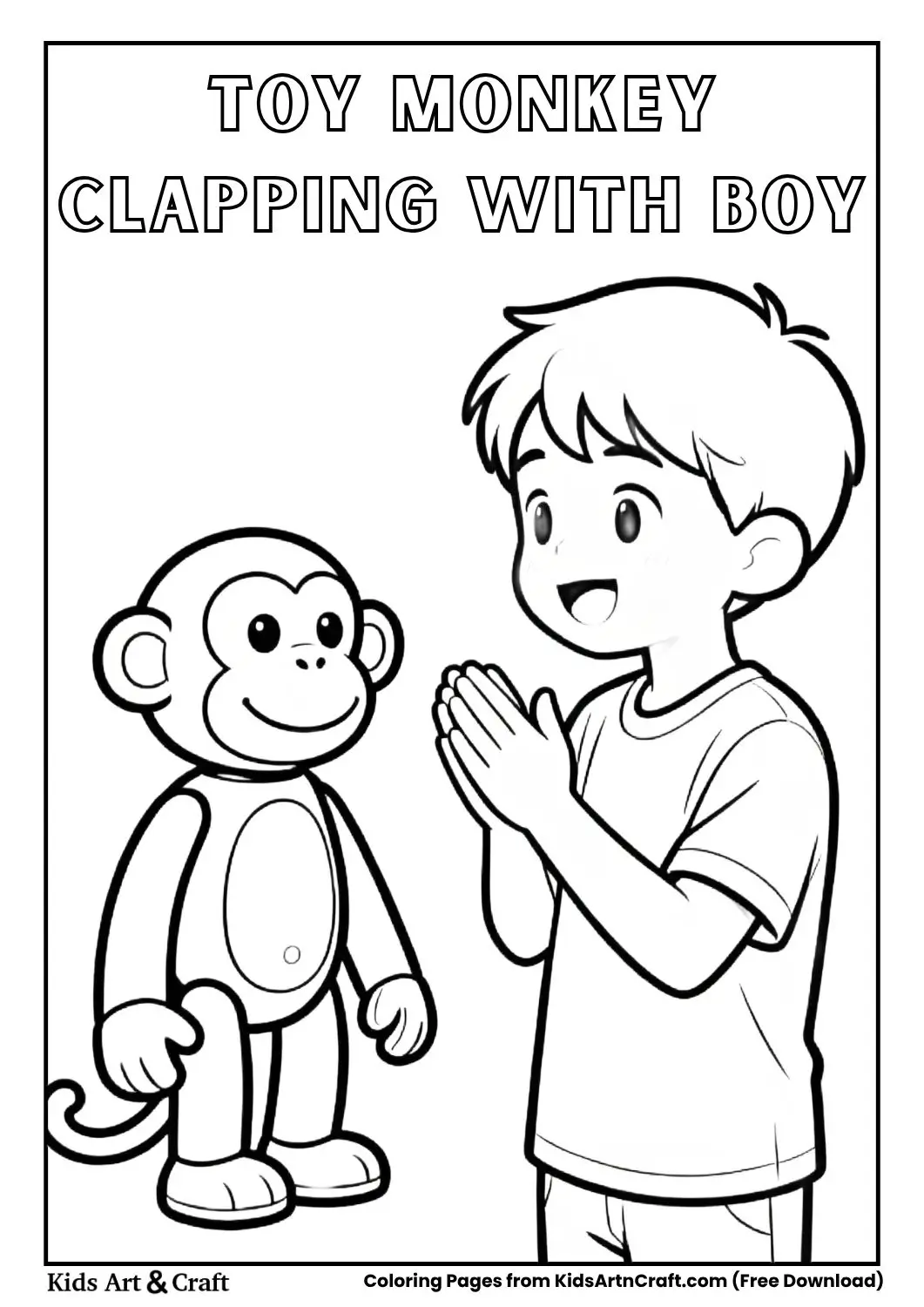 Toy monkey clapping hands with a boy coloring page black and white