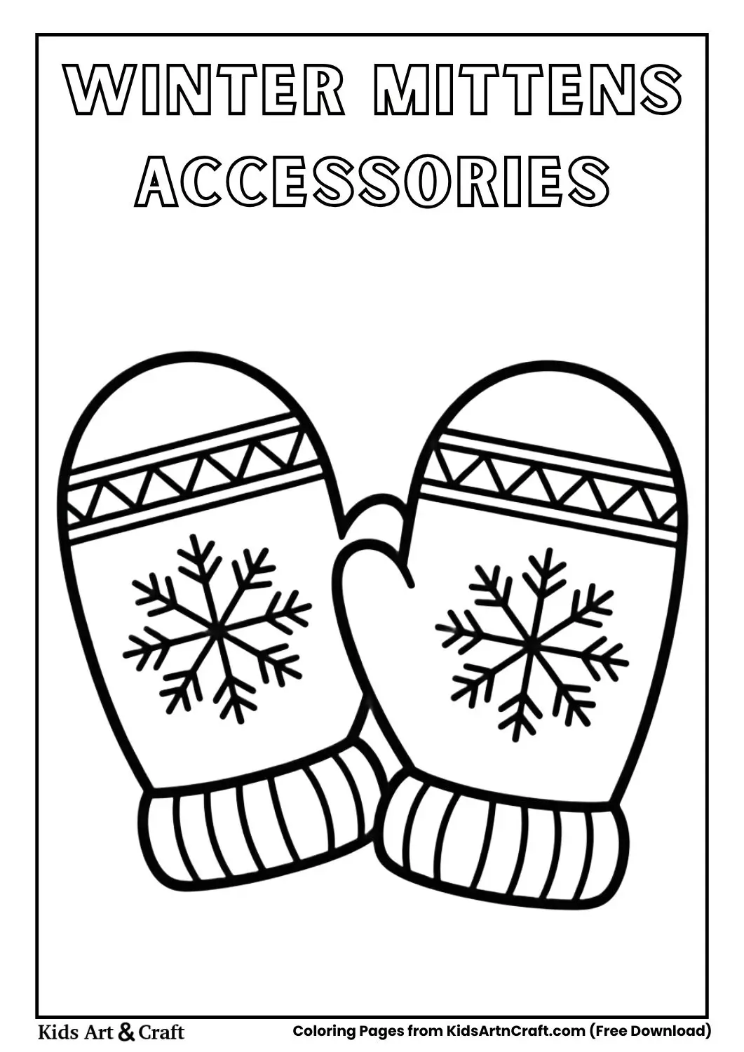 Pair of mittens with snowflake pattern kids coloring page