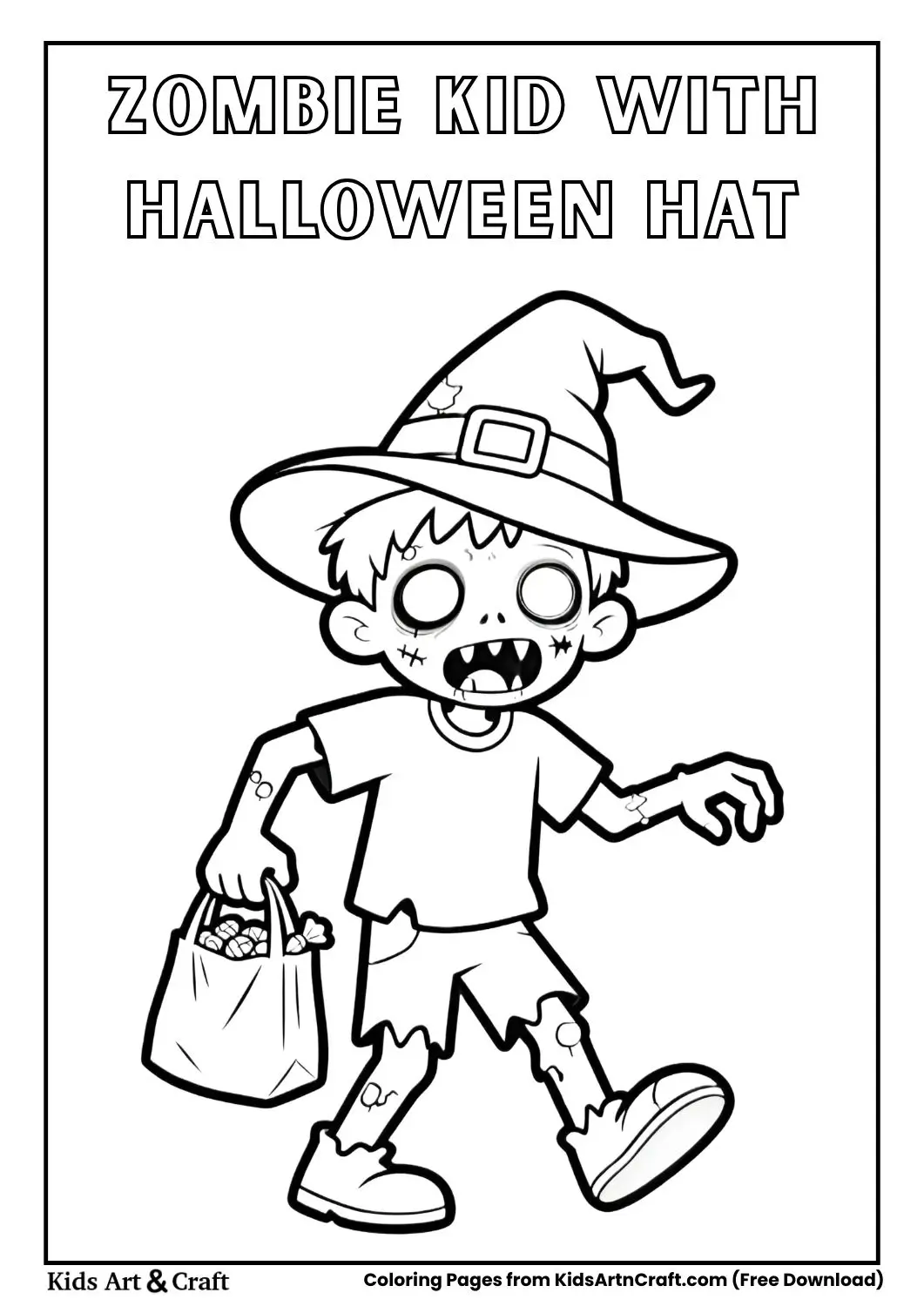 Zombie kid wearing Halloween hat holding candy bag coloring page