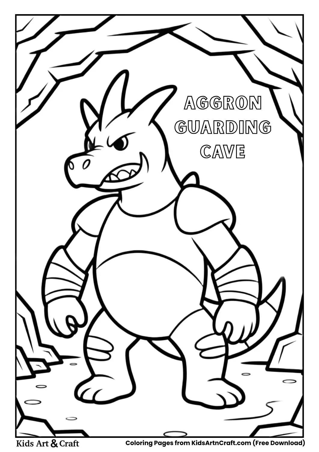Aggron standing near a mountain cave simple outline coloring page