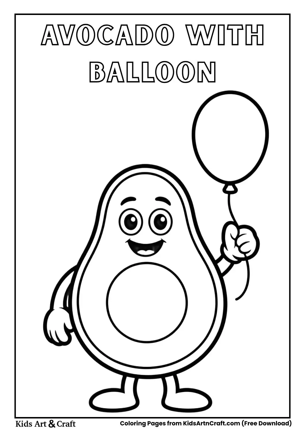 Cute avocado holding balloon coloring page for kids