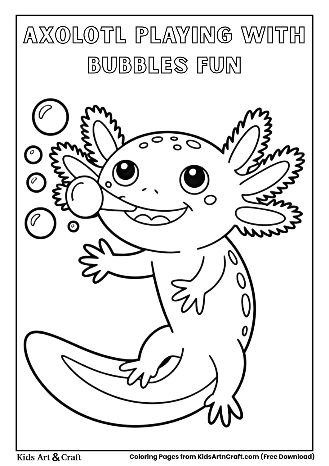 Cartoon axolotl blowing bubbles black and white kids coloring page