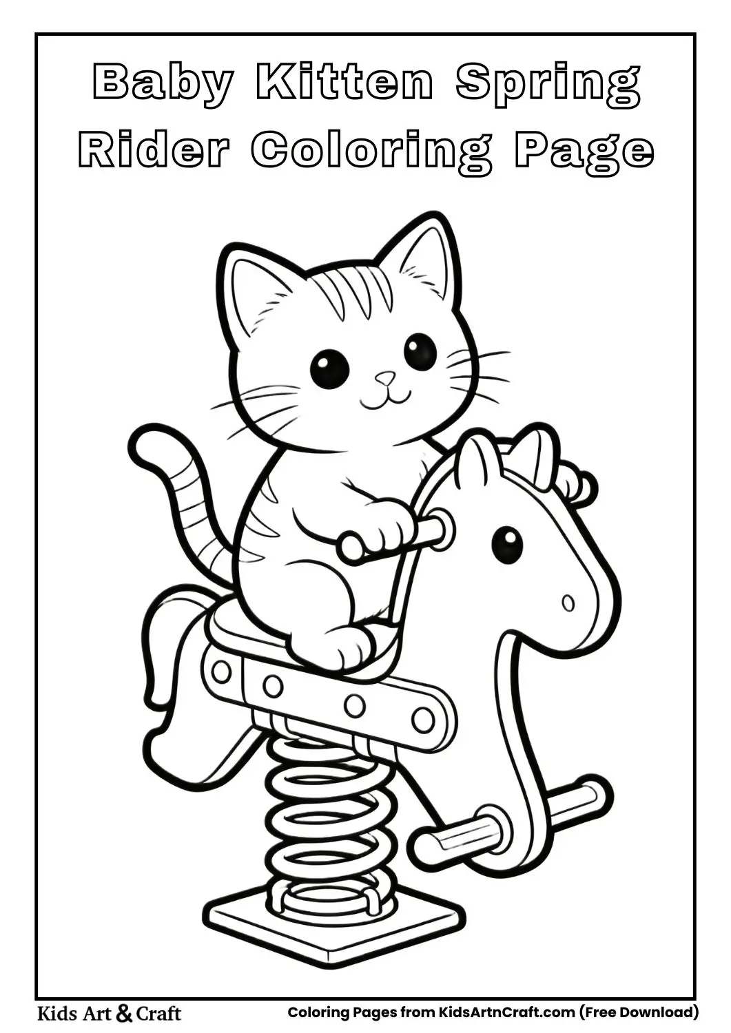 Baby kitten riding a playground spring rider toy outline art