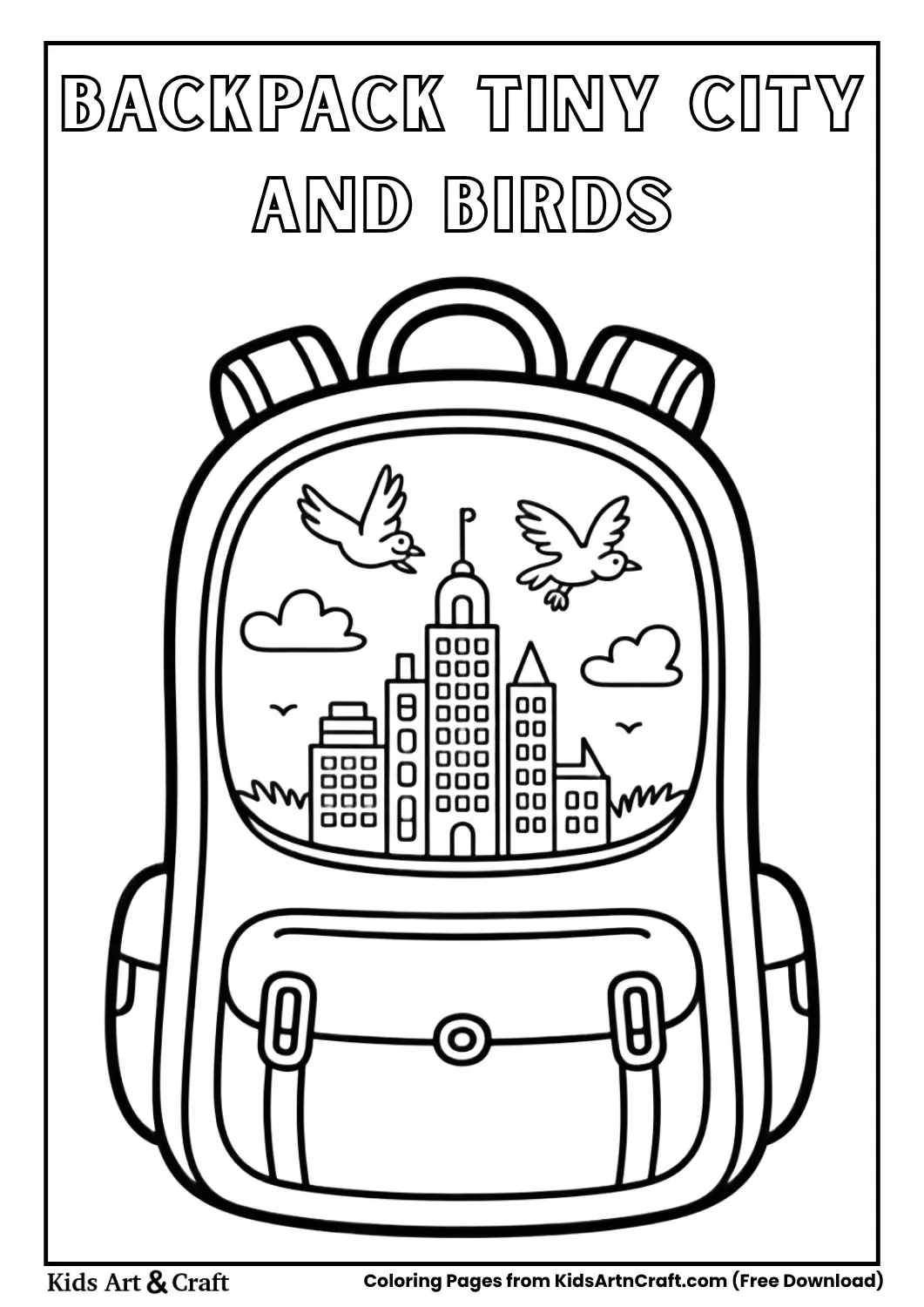 backpack with tiny city and birds coloring page black and white